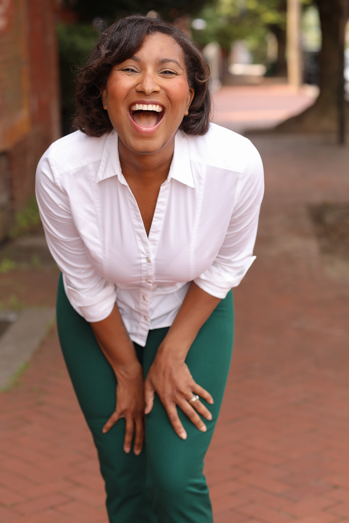 smiling in front of camera