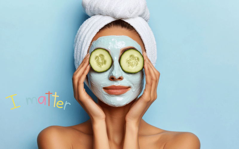 Woman self-care with cucumber eye mask Woman self-care with cucumber eye mask